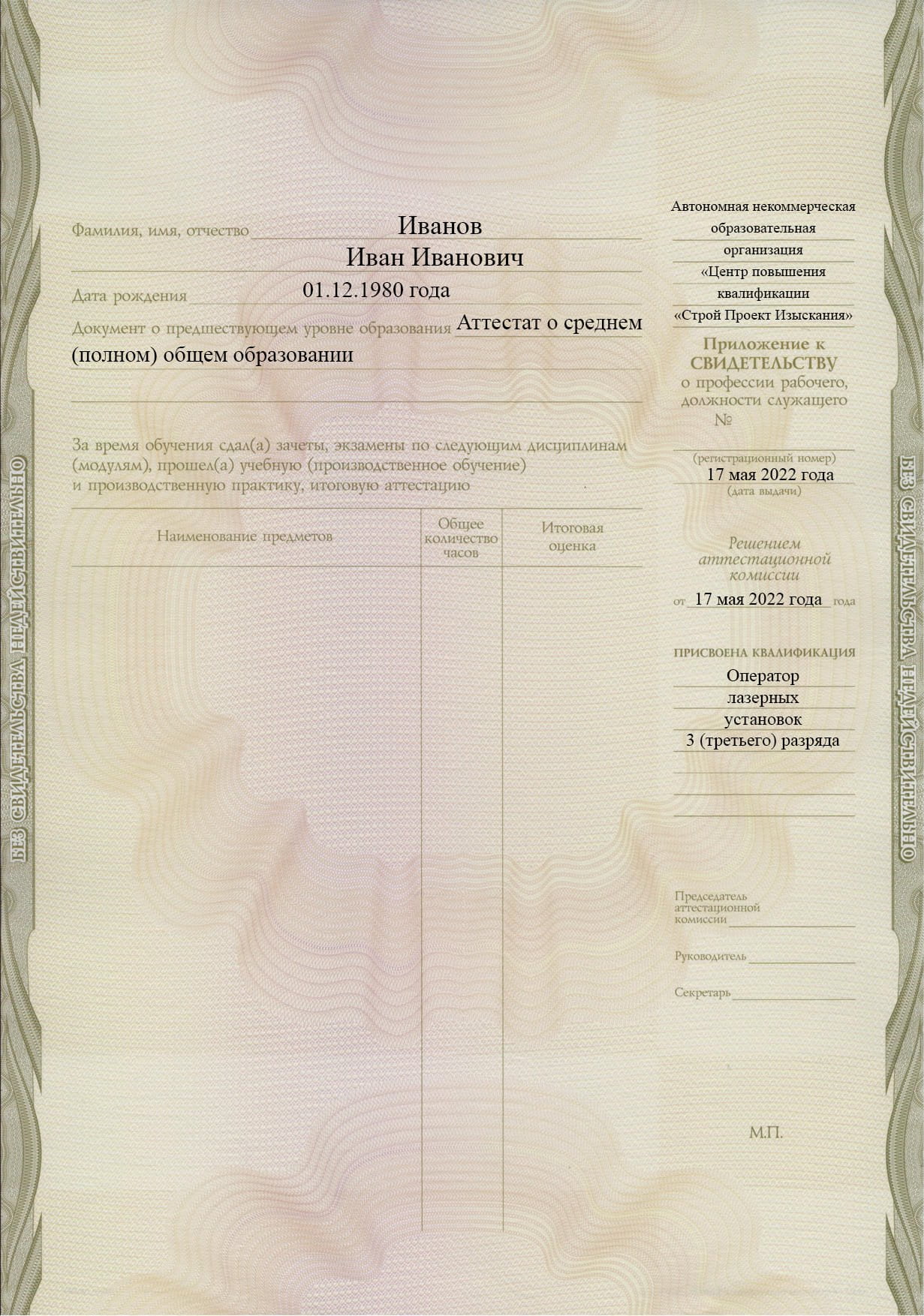 Образец приложения к свидетельству оператора лазерных установок