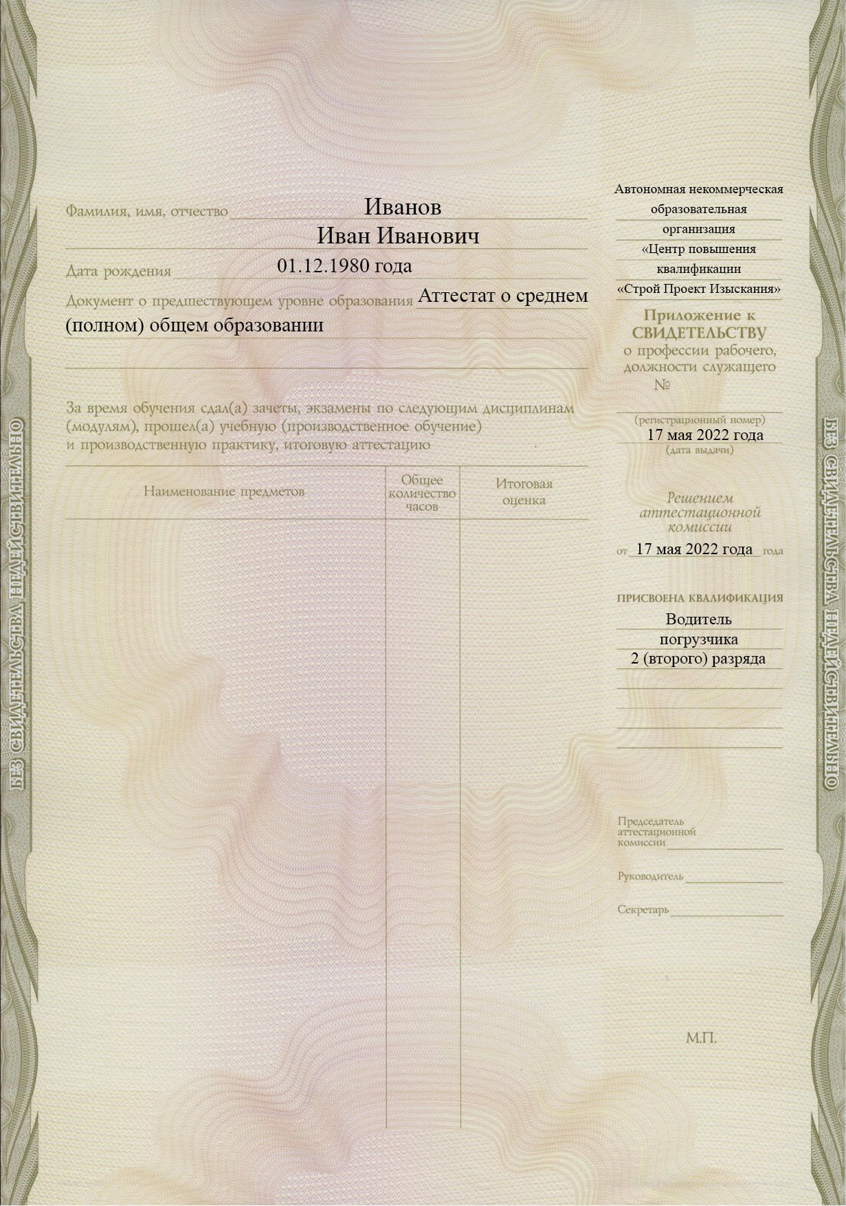 Образец приложения к свидетельству водителя погрузчика